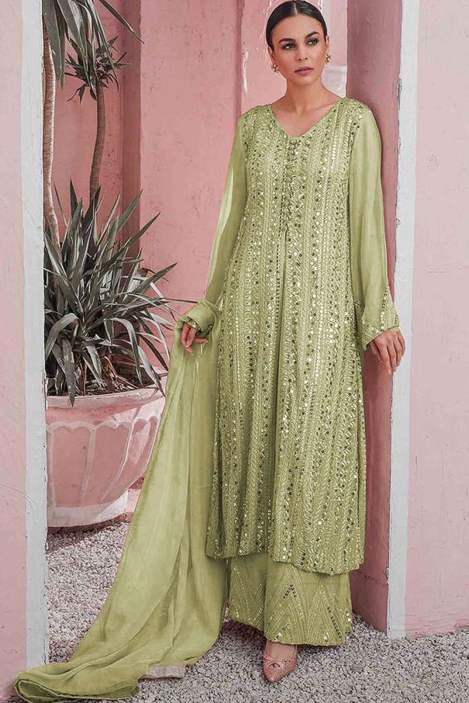 Yellow pakistani palazzo suit Online Designer Faux Georgette pakistani palazzo suit with Pista Dupatta PZ2542 in USA