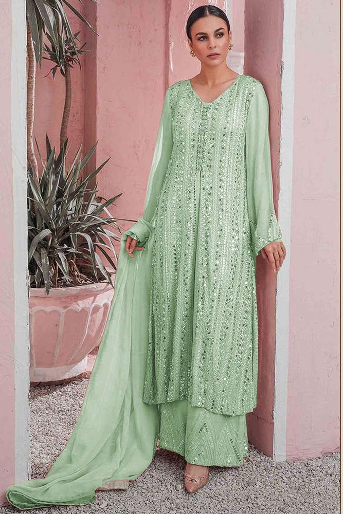 Pista pakistani palazzo suit Online Designer Faux Georgette pakistani palazzo suit with Green Dupatta PZ2544 in USA