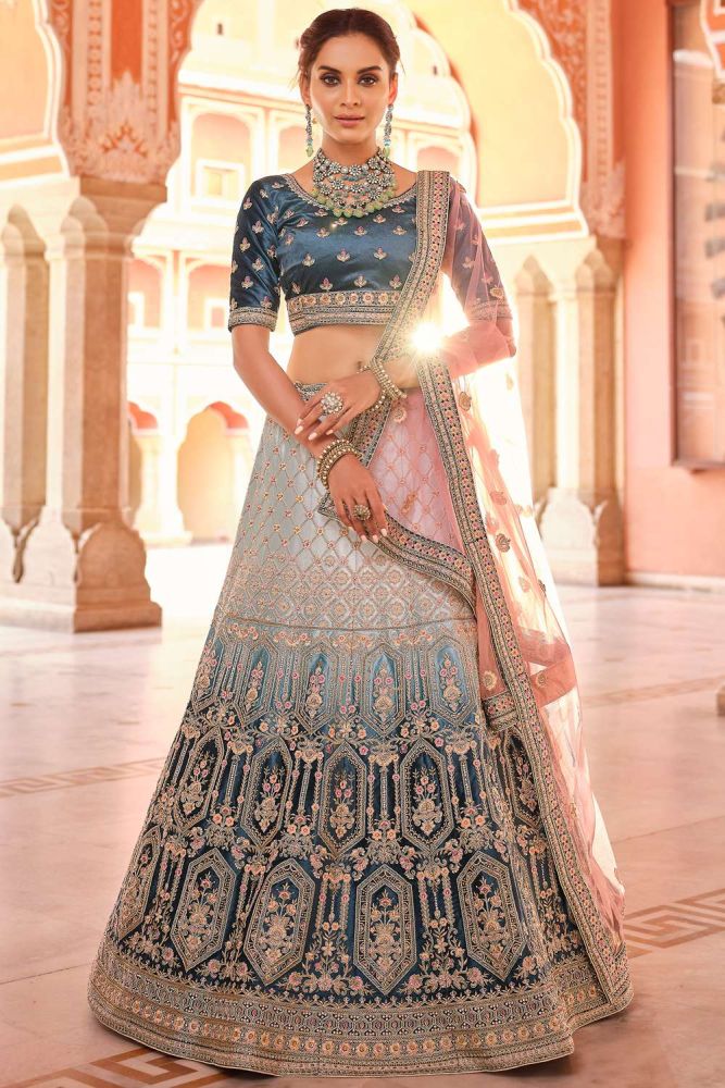 Shop Navy blue Velvet Wedding Lehenga Choli Peach Dupatta LC4598 Shopkund