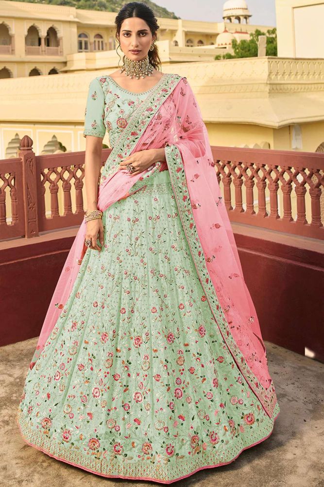 Shop Green Organza Wedding Lehenga Choli Pink Dupatta LC4677 Shopkund