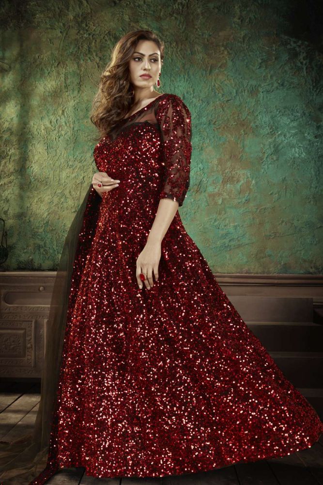 Red colour net gown sale