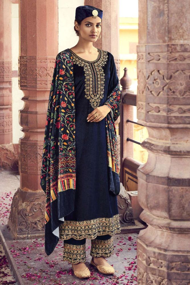 Buy Blue Velvet Palazzo suit with Dupatta Online PZ3341 Shopkund