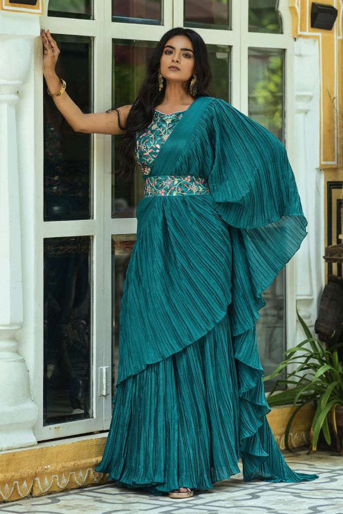 Buy Georgette Party Wear Saree in Teal blue with Blouse Online SR23295 Shopkund