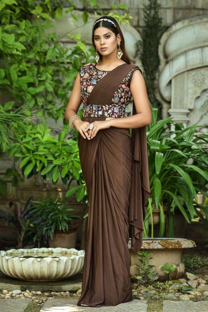 Buy Lycra Party Wear Saree in Brown with Blouse Online SR23306 Shopkund