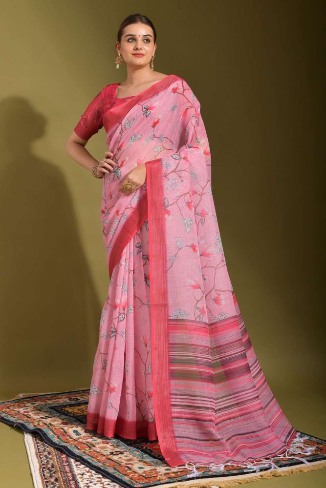 Buy Linen Saree in Pink with Blouse Online SR23436 Shopkund