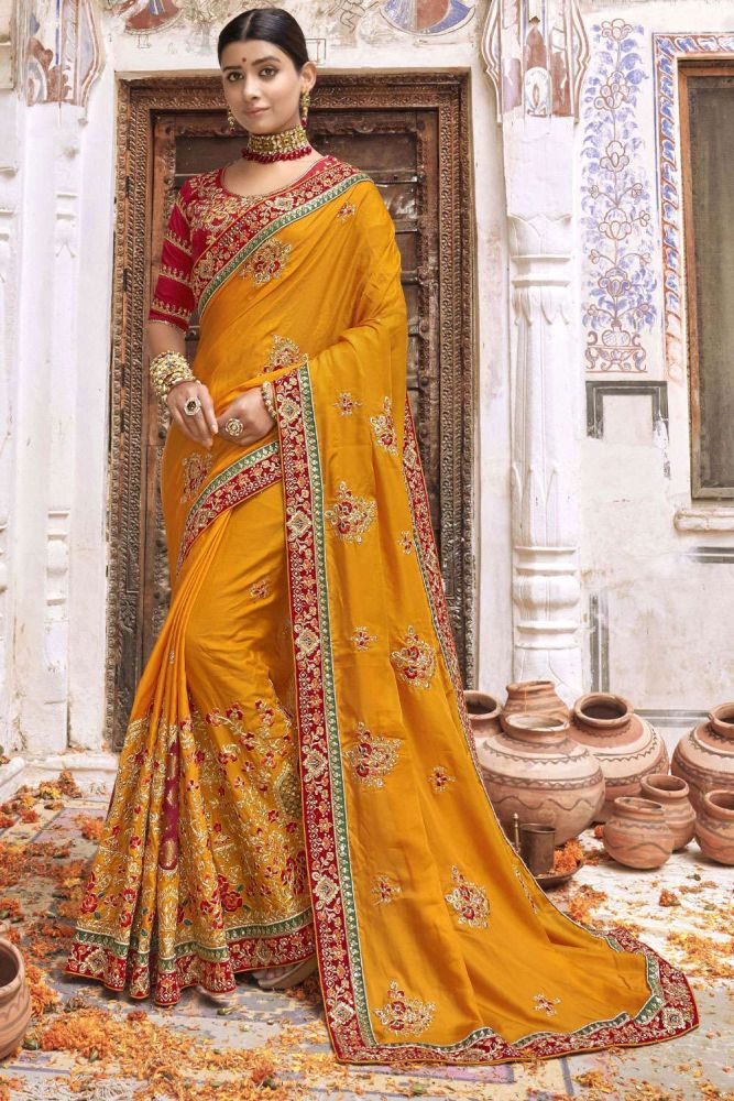 Yellow Wedding Saree with Embroidered stone with moti Silk