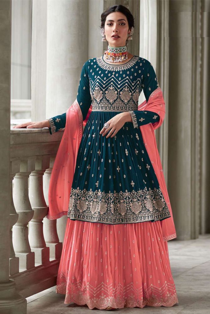 Shop Teal Georgette Eid Lehenga Suit Pink Dupatta LS034 Shopkund