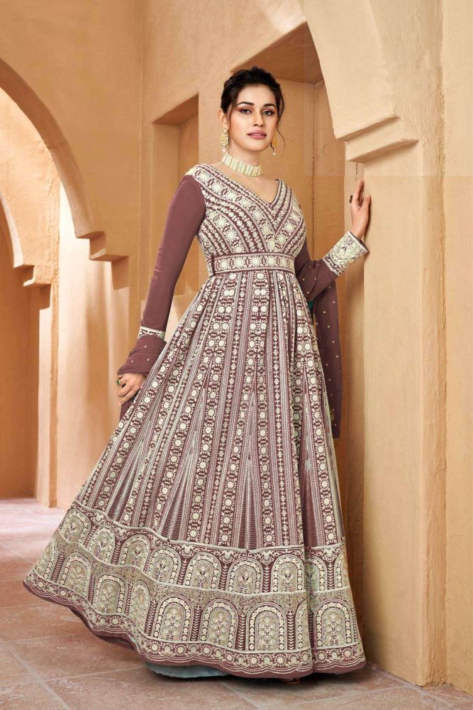 Embroidered georgette gown dress in brown with dupatta USA GW0499