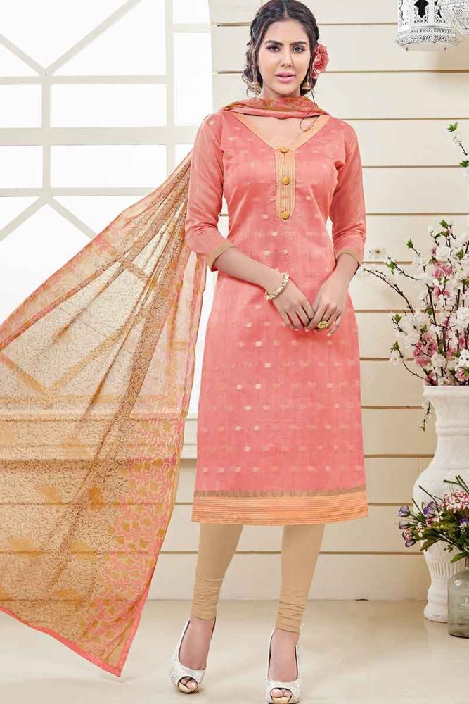 Peach color Banarasi Jacquard Churidar Suit Online Designer Churidar Suit with Beige Dupatta in India