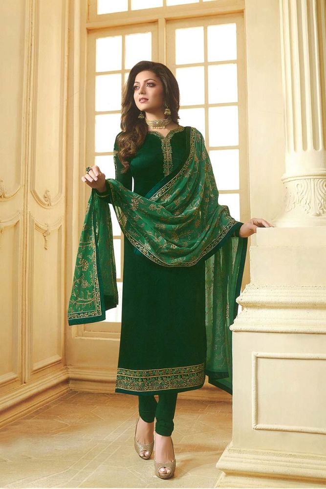 Dark Green color Georgette Satin Churidar Suit Online Designer Churidar Suit with Green Dupatta in India