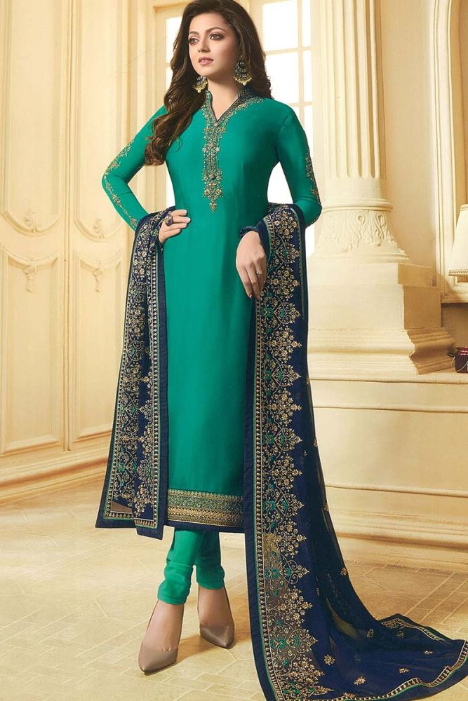 Teal Blue color Georgette Satin Churidar Suit Online Designer Churidar Suit with Navy Blue Dupatta in India