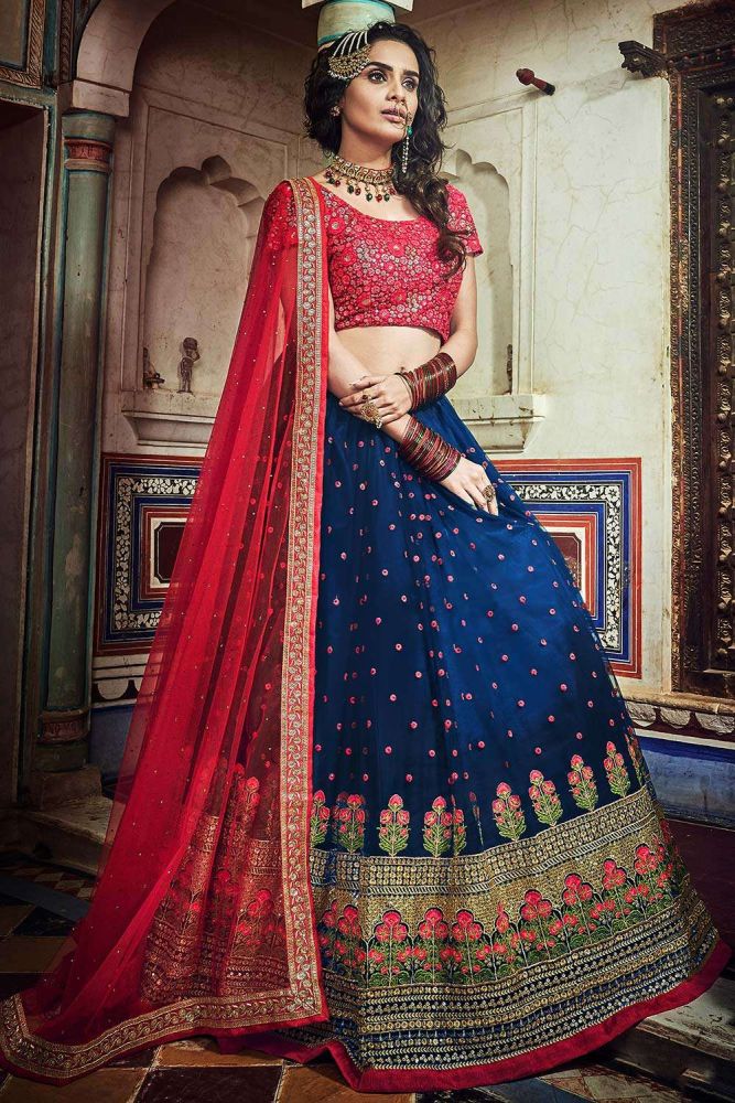 Shop Royal Blue Net Lehenga Choli with Dark Pink Dupatta Online LC2501 Shopkund