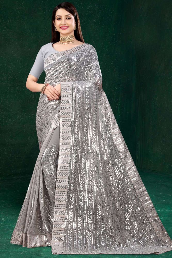 Silver colour party wear saree sales