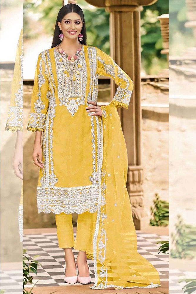 Silk Embroidered Yellow Pakistani Suit with Dupatta