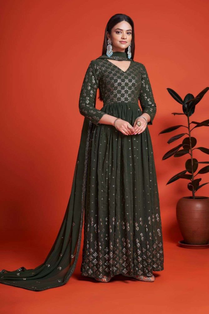 Embroidered georgette mehndi green gown dress with dupatta USA GW0606
