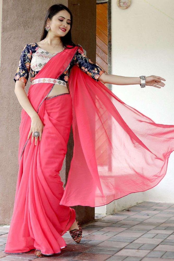 Plain pink saree with designer blouse hotsell