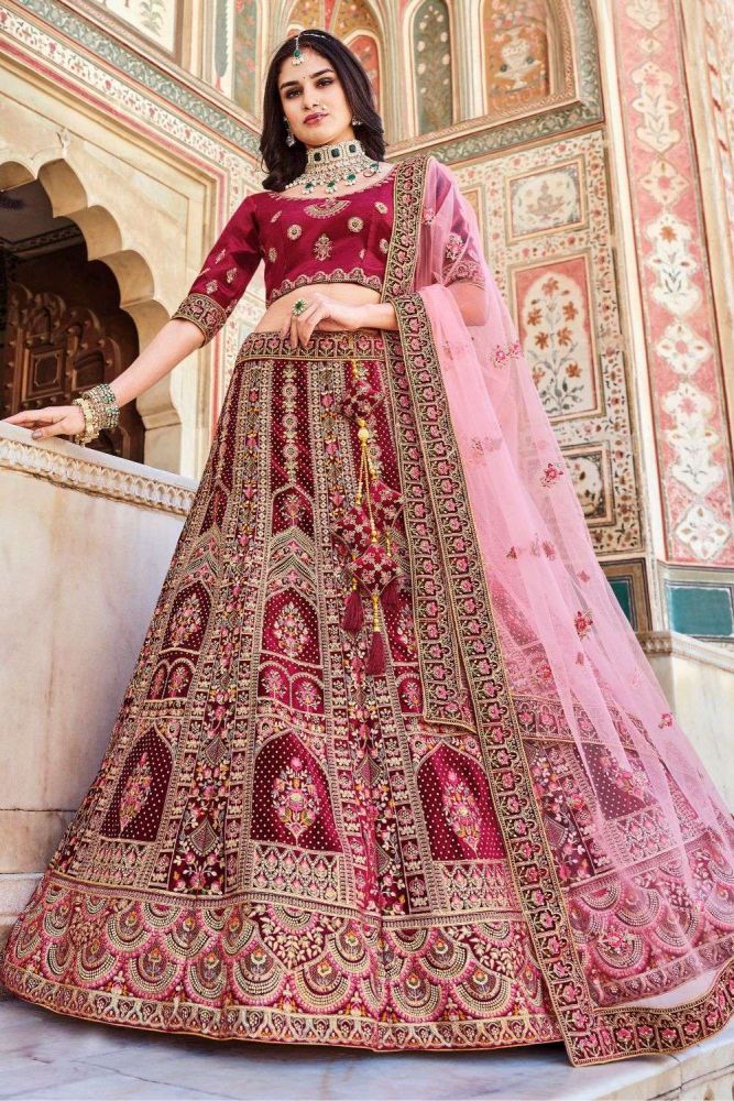 Shop Maroon Velvet Bridal Lehenga Choli Pink Dupatta LC7385 Shopkund