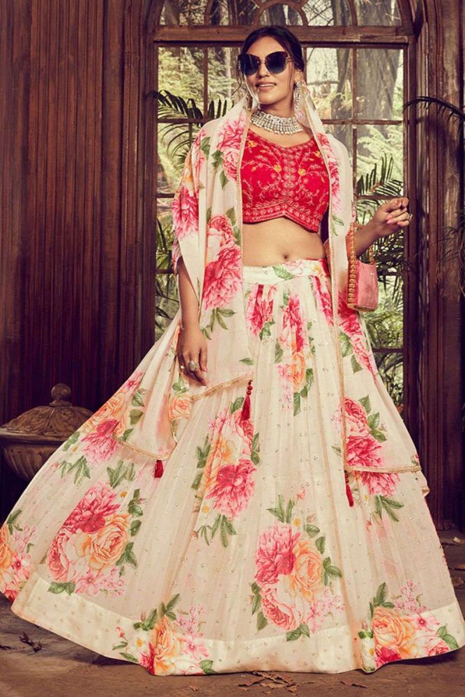 Shop Cream Chiffon Wedding Lehenga Choli Cream Dupatta LC7397 Shopkund