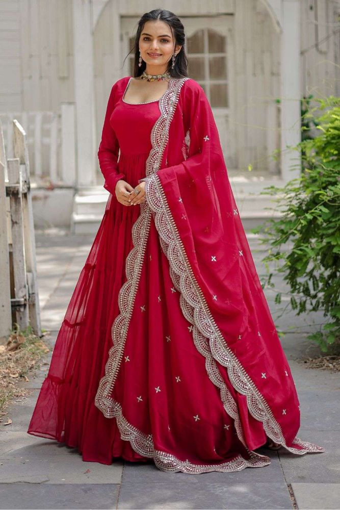 Plain faux georgette magenta pink gown dress with dupatta USA GW0684