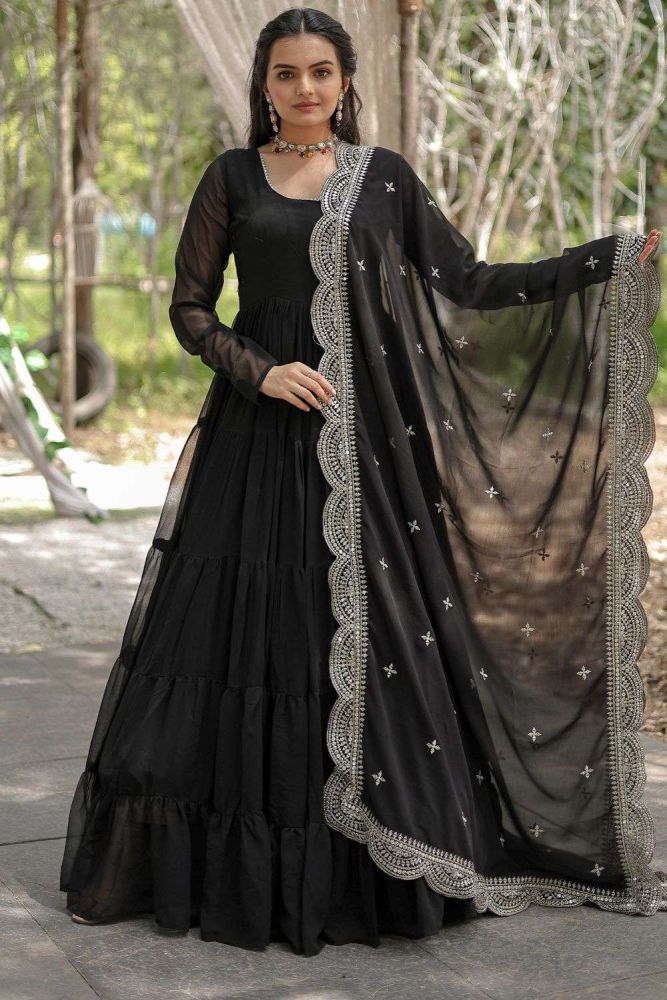 Plain faux georgette gown dress in black USA GW0685