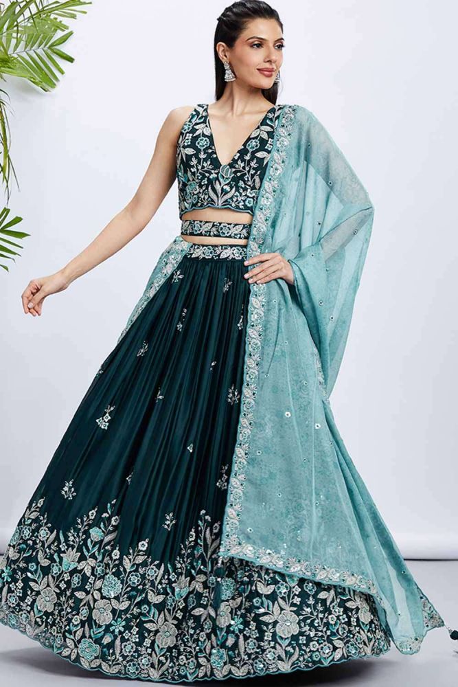 Shop Teal Raw Silk Lehenga Choli TEAL Dupatta LC7782 Shopkund