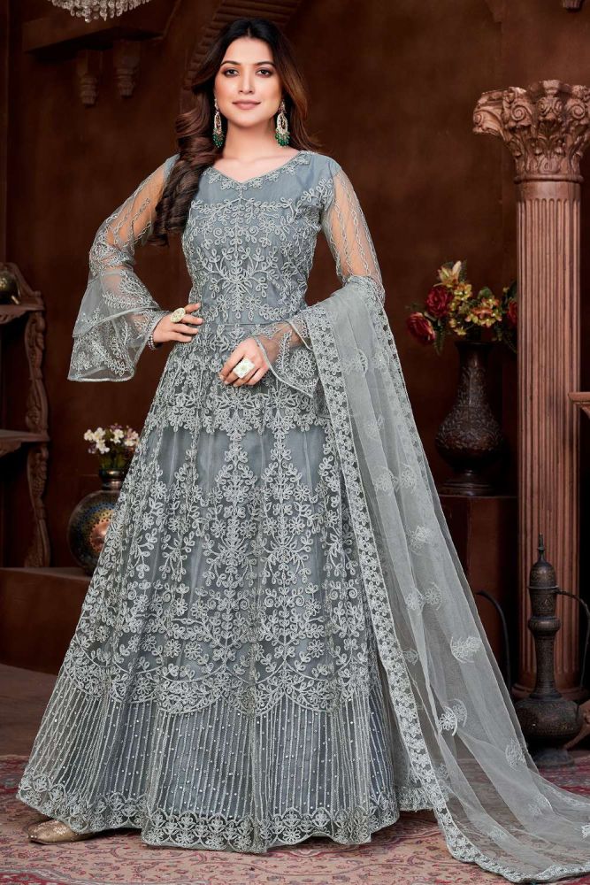 Buy Grey Net Eid anarkali suit with Dupatta Online AS3461 Shopkund