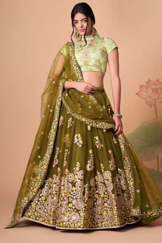 Shop Mehndi Soft Net Lehenga Choli mehndi Dupatta LC6548 Shopkund
