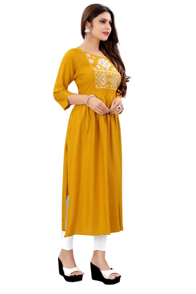 Anarkali kurti in yellow rayon with embroidered USA KTI1687