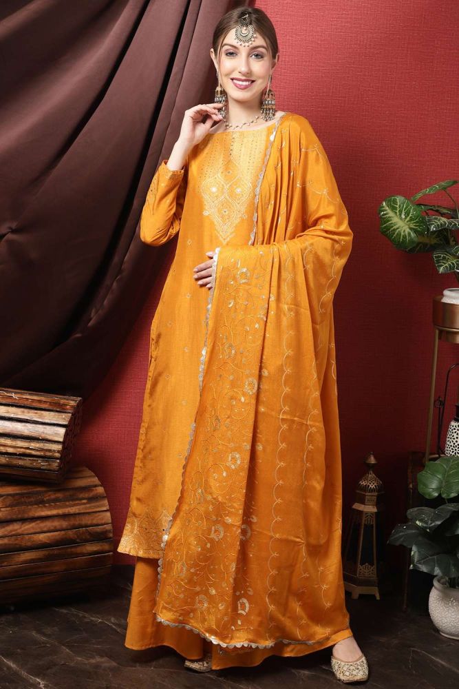 Mustard Silk Resham Pakistani Suit with Dupatta