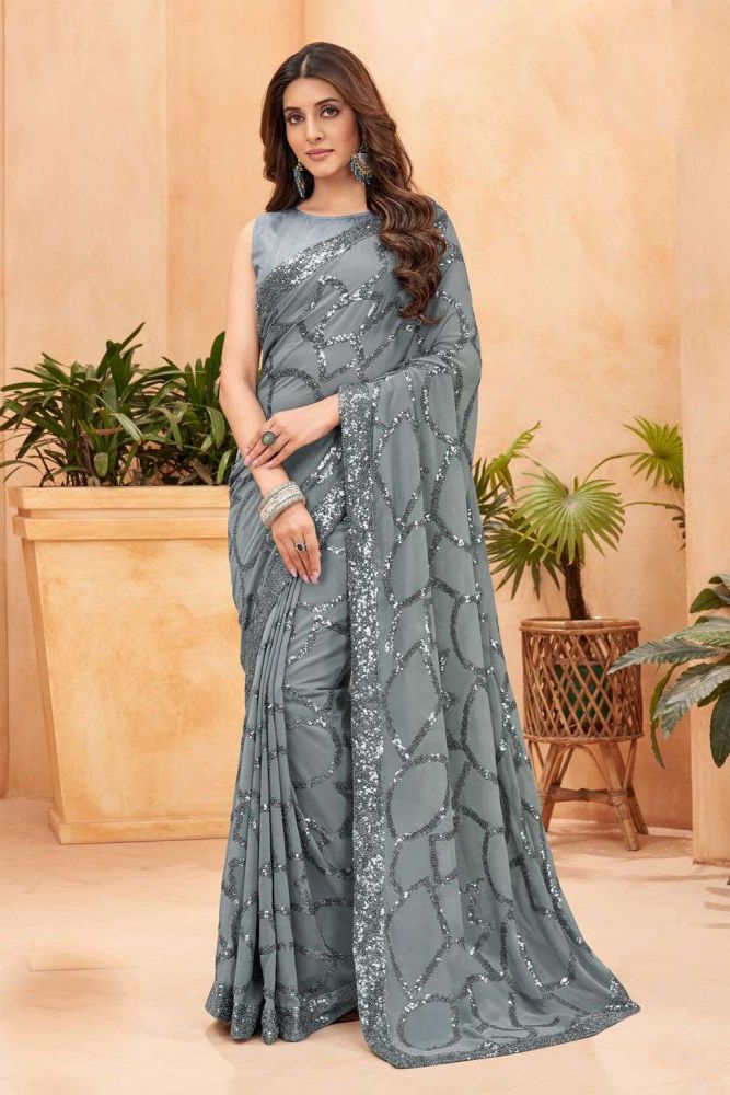 Buy Georgette Party Wear Saree in Grey with Blouse Online SR24389 Shopkund