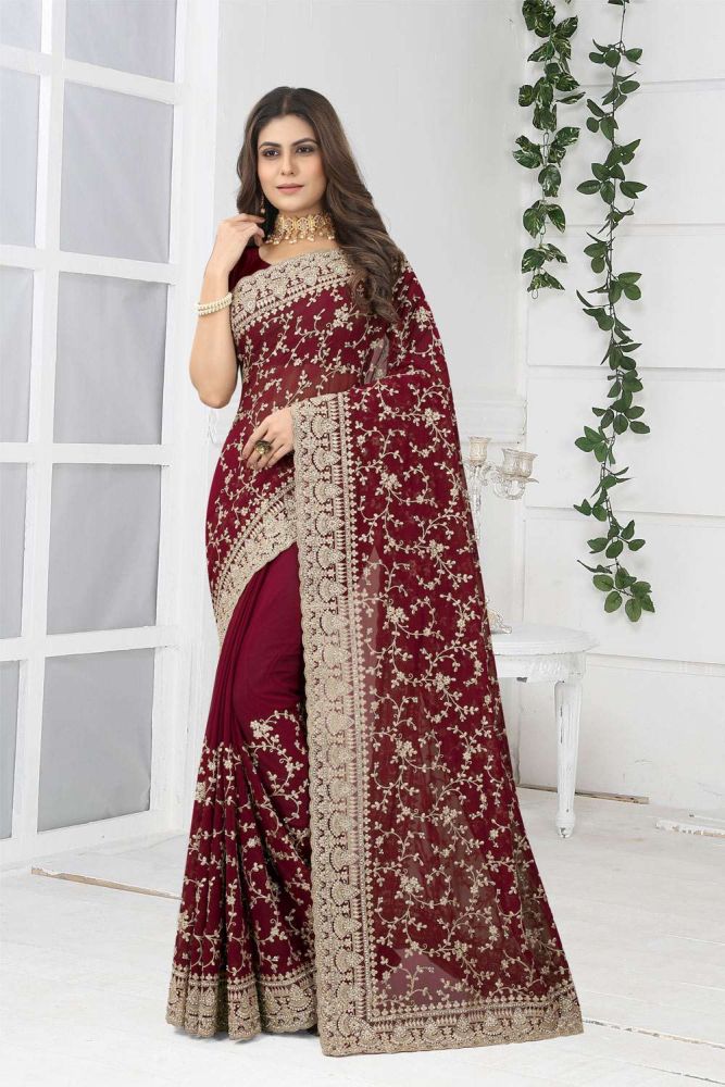 Buy Georgette Party Wear Saree in Maroon with Blouse Online SR24420 Shopkund