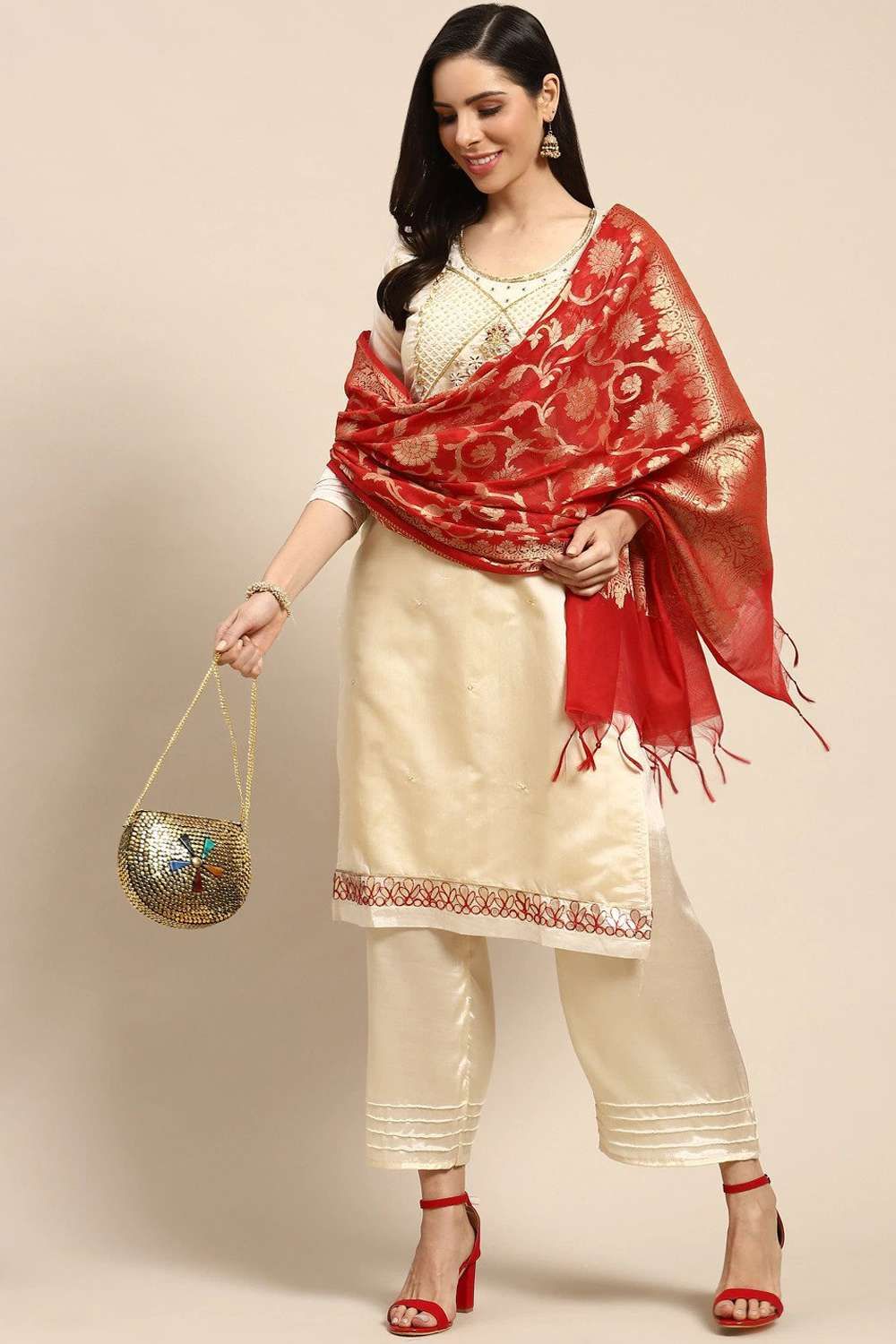 White salwar kameez with red dupatta on sale